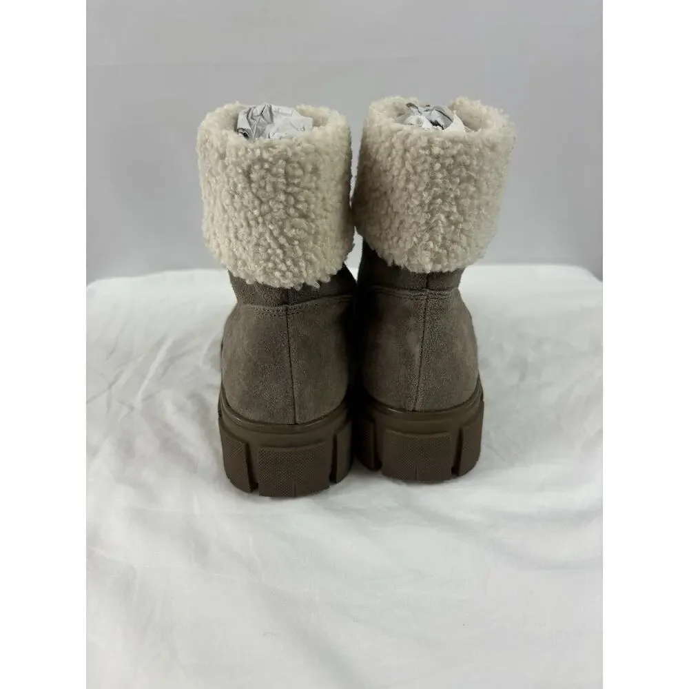 Blondo Plaza Suede Ankle Boots Taupe Tan Sheepskin 8 Zip Up Lug Sole